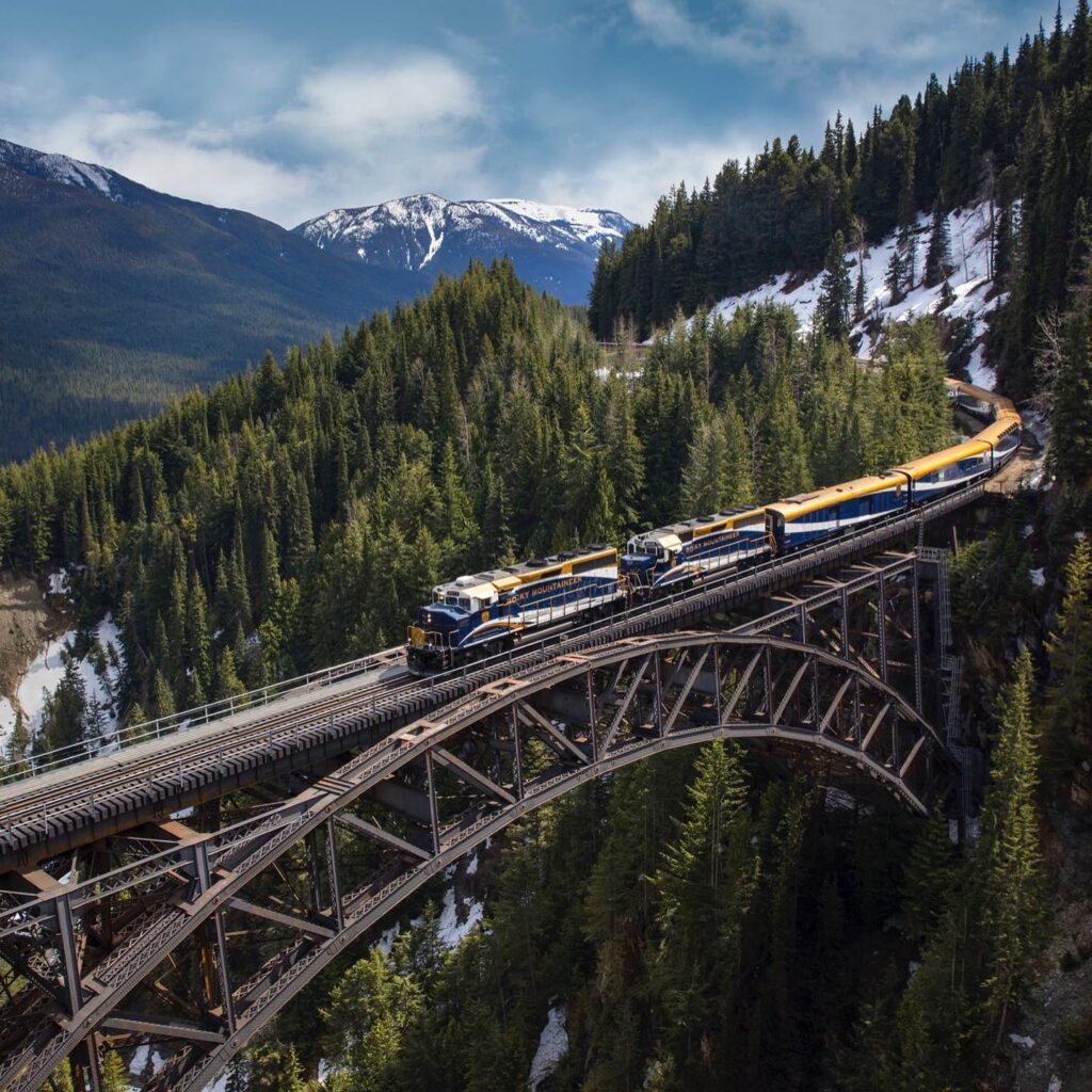 Rocky Mountaineer train travelling through the Canadian Rockies