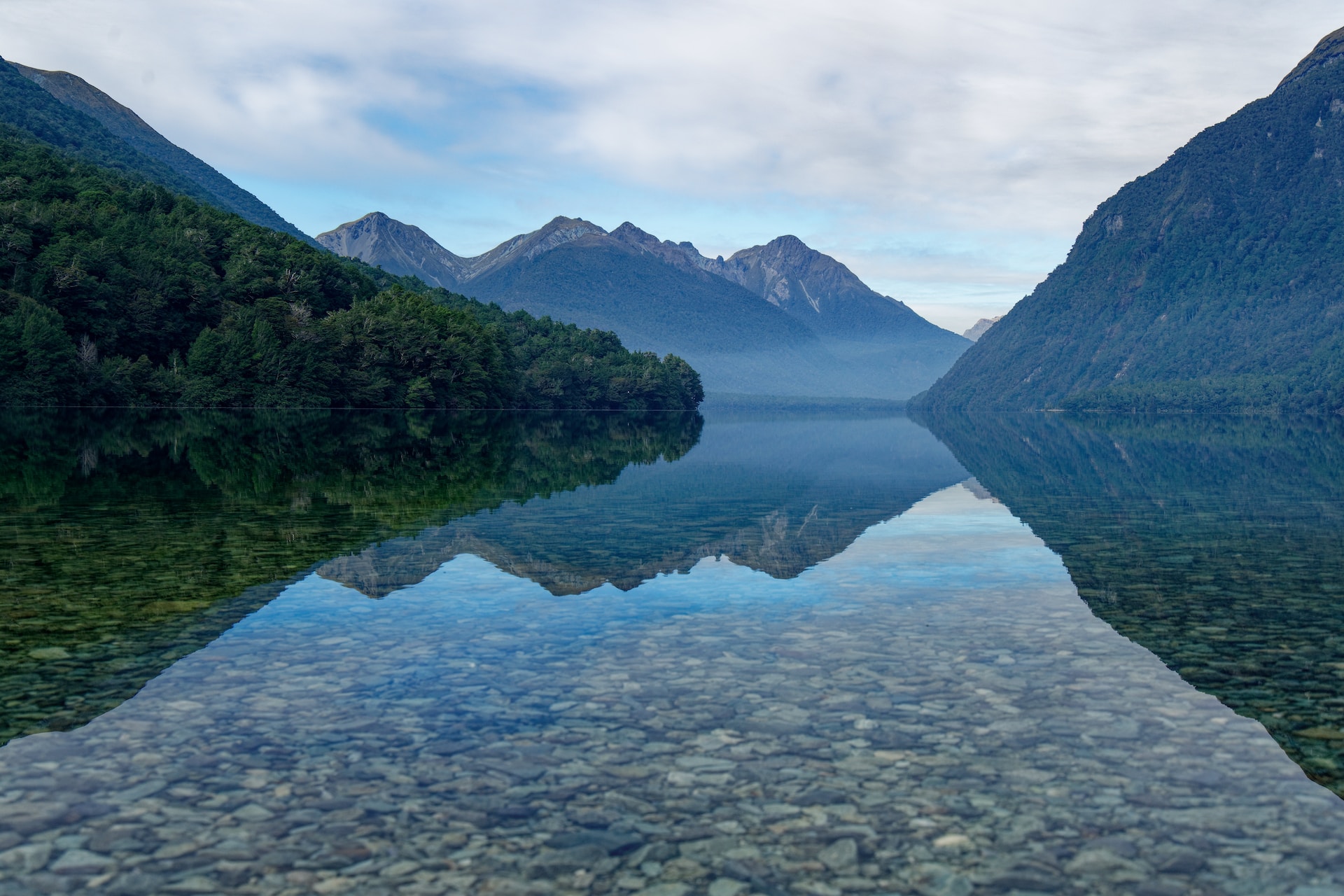 Looking across the clear waters of Gun Lake in Fiordland National Park 