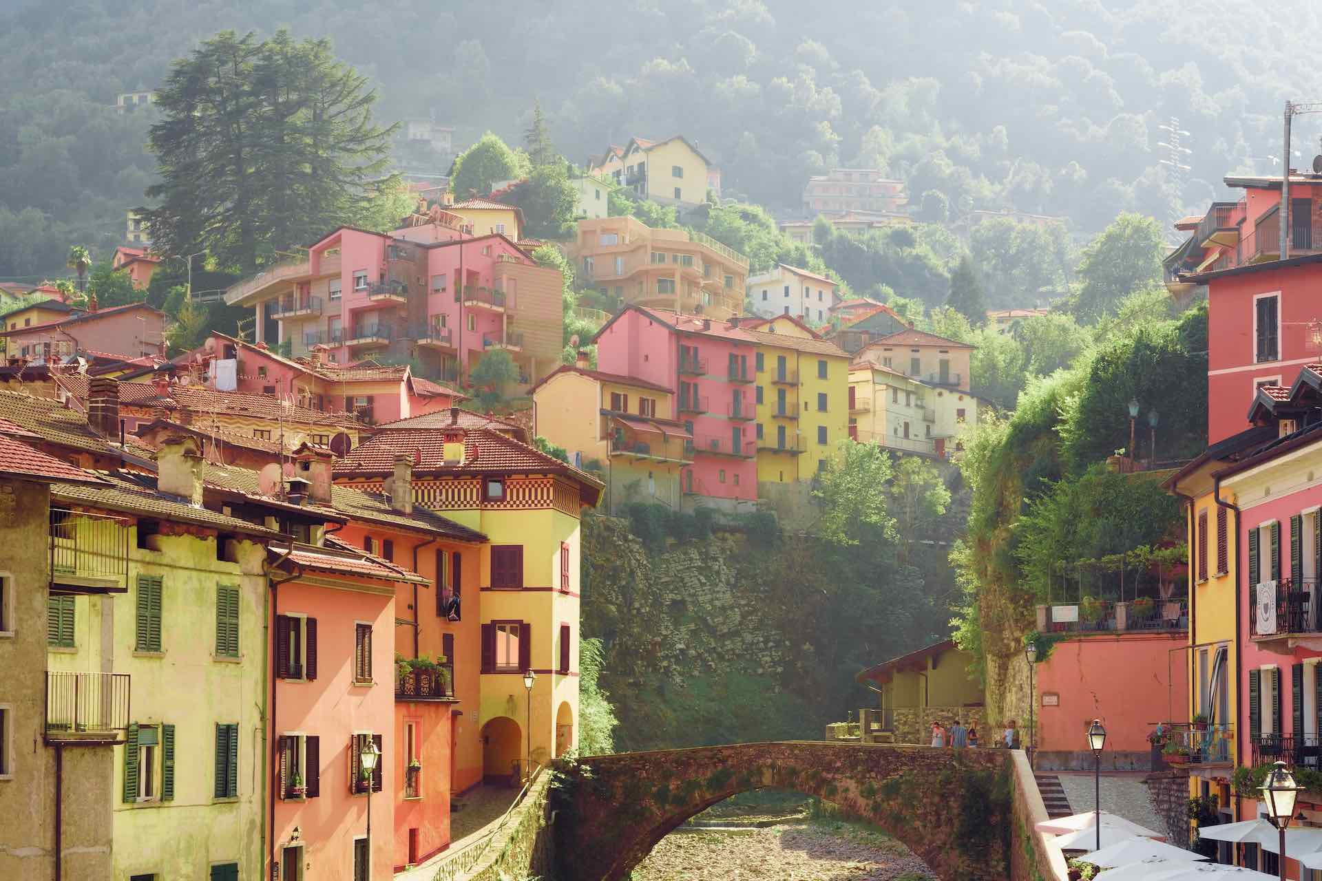 Colourful buildings and bridge in argegno, Italy 