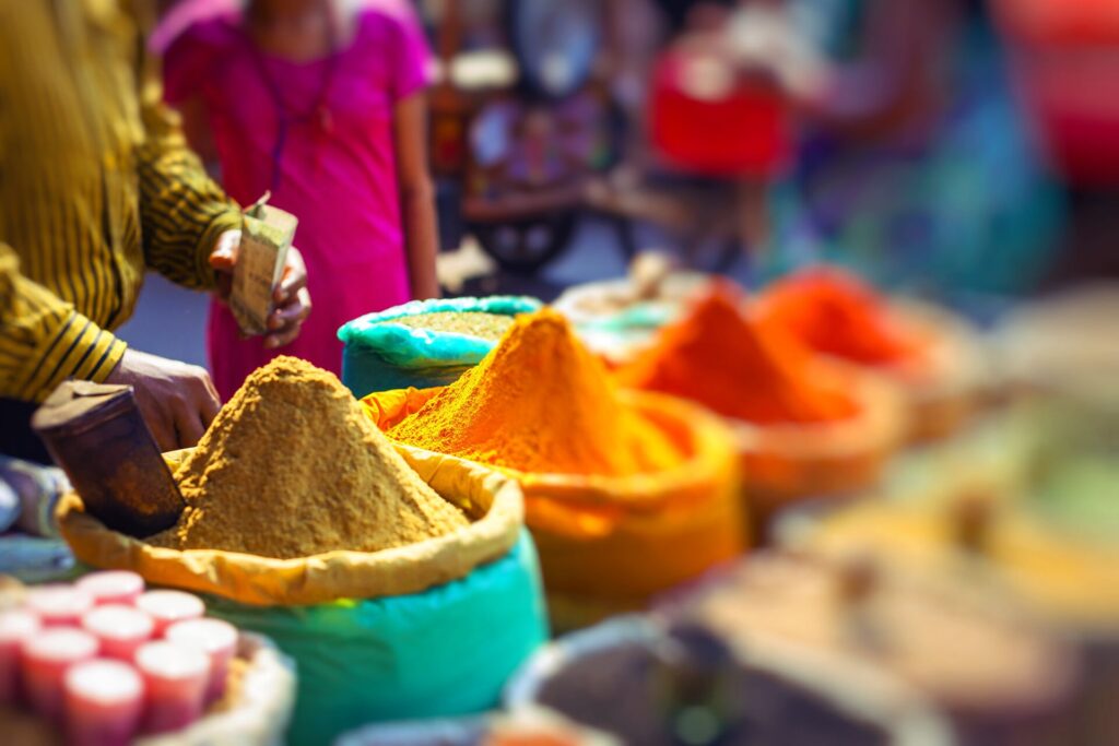 colourful spice powders in Delhi street market