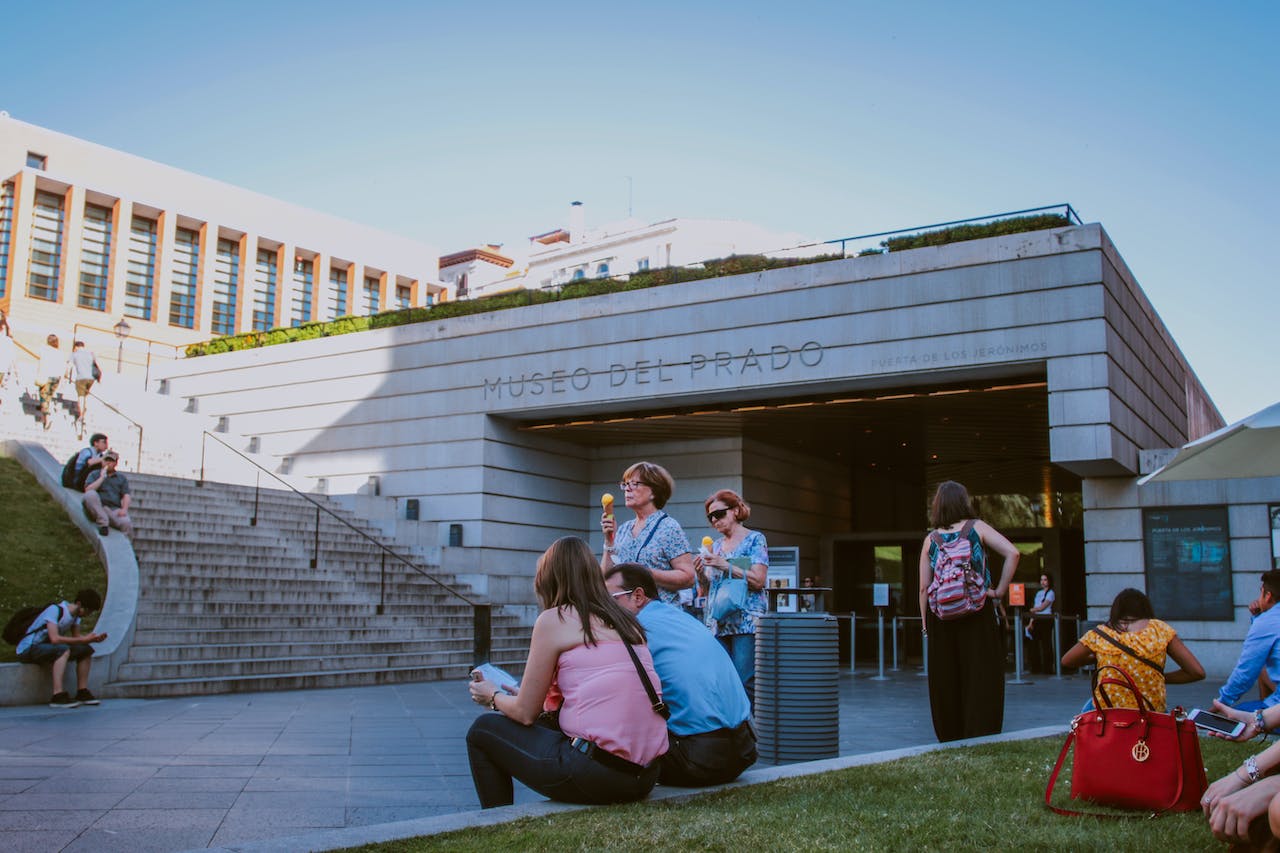 Tourists outside of the Museo Nacional del Prado in Madrid