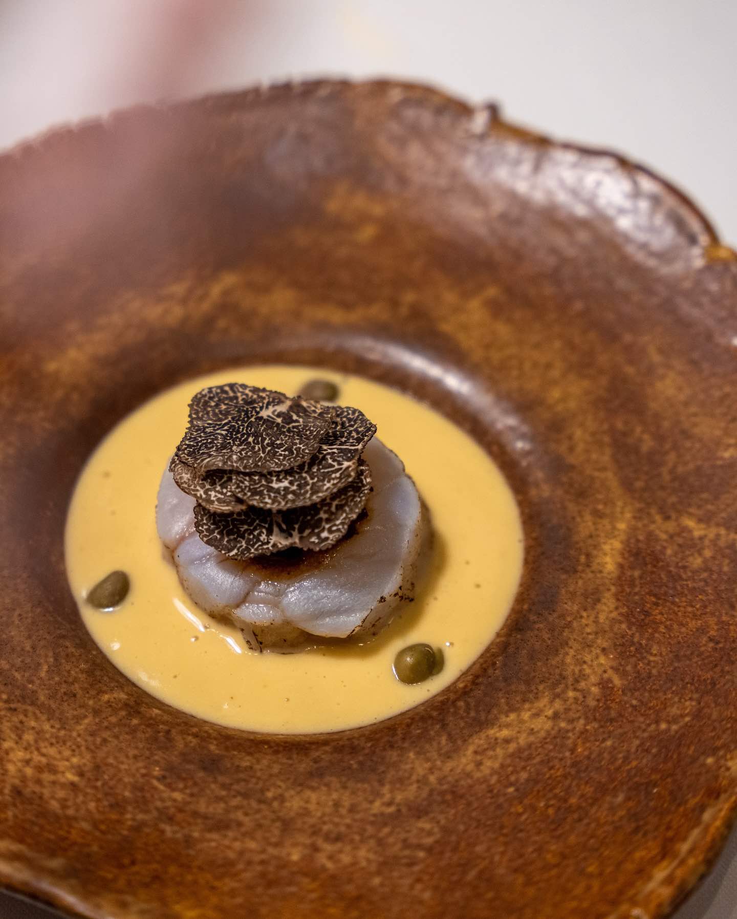 Plate of food with truffle on brown dish at Aleia restaurant 