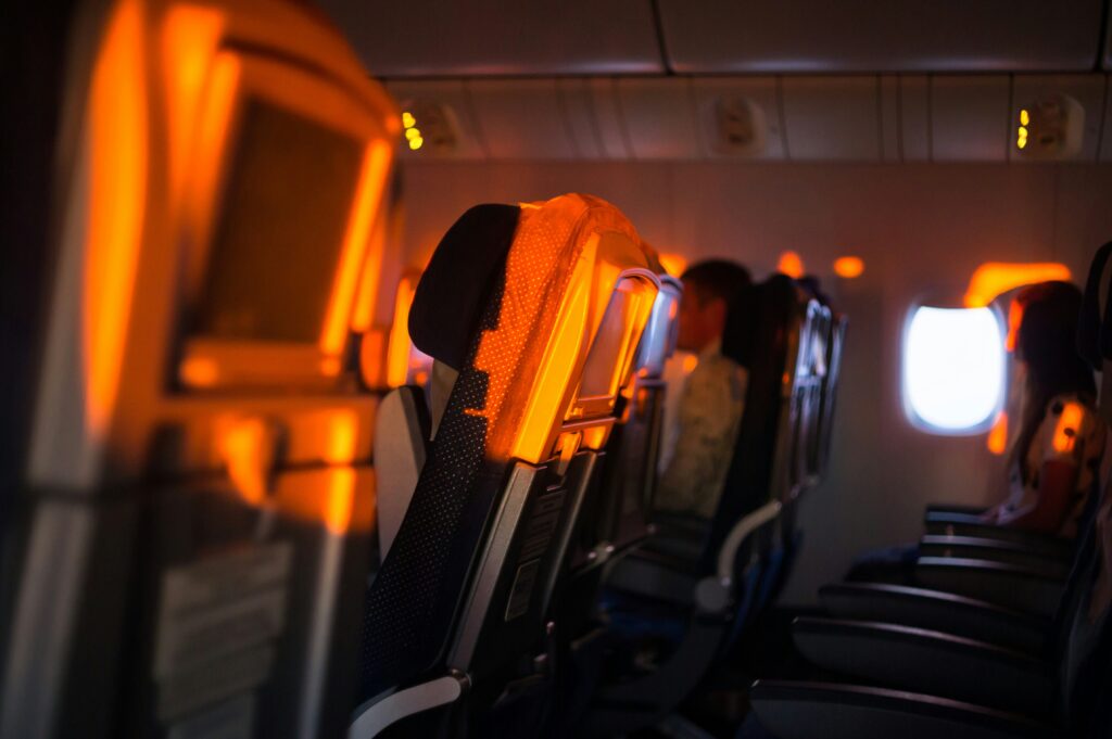 Sunset light on airplane seats