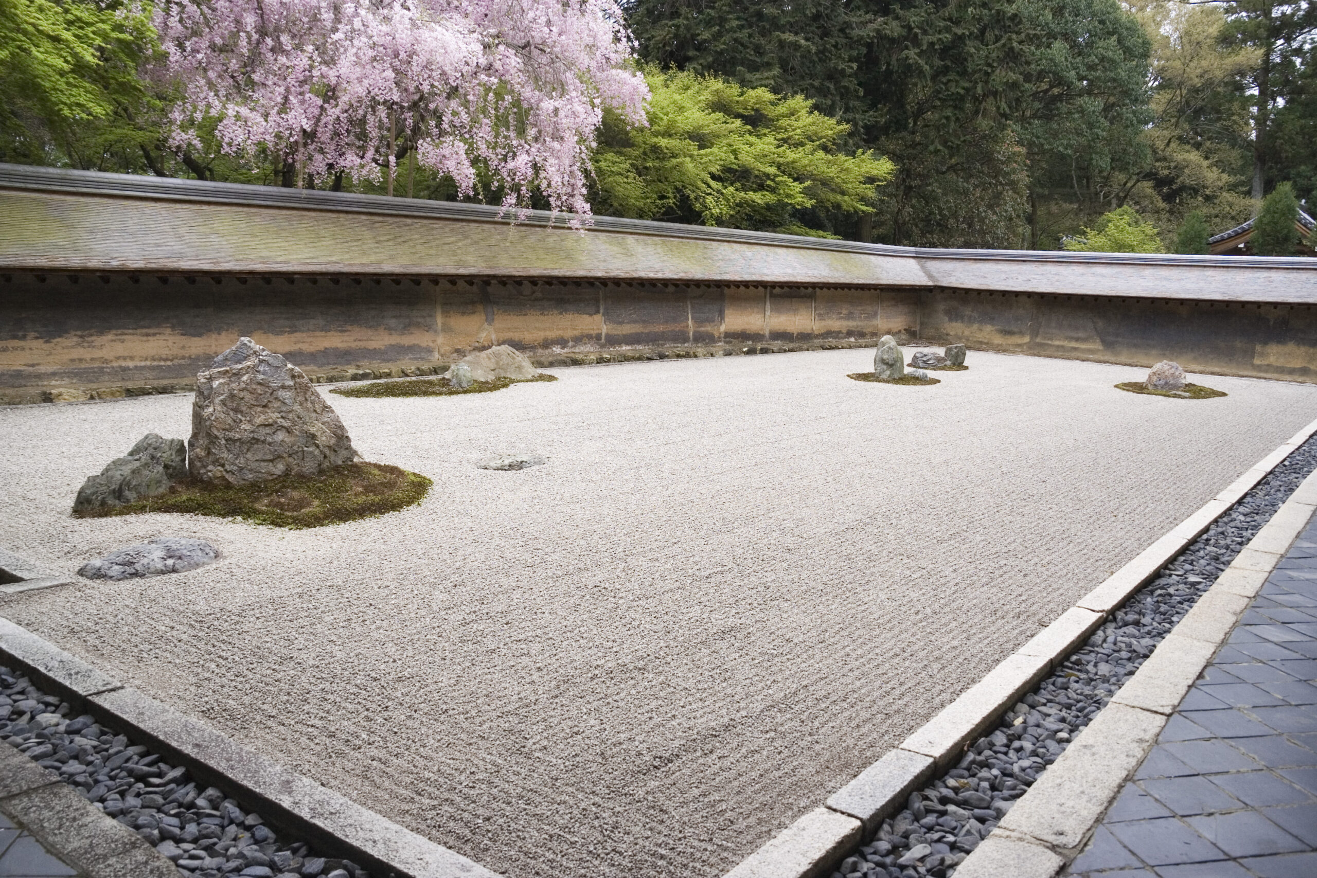 The famous dry garden of Ryoan-ji Temple, Kyoto with white sand and carefyully placed rocks