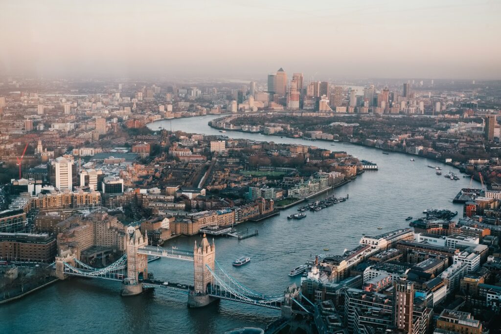 Aerial view of the River Thames winding through central London