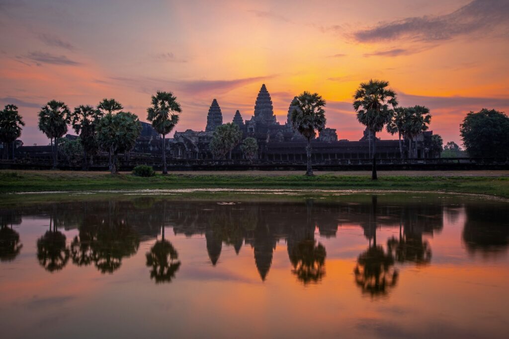 Sunrise behind the silhouette of Angkor Wat