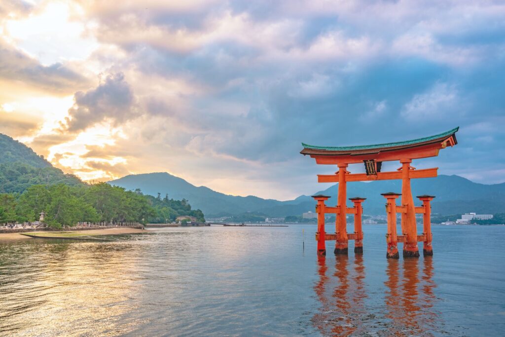 The bright orange Tori Gate, on of Japan's most beautiful sights, appress to sit in water. 